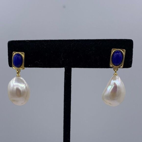 Earrings, solid 925 sterling silver, lapis lazuli, real baroque pearl, vermeil - Picture 1 of 15